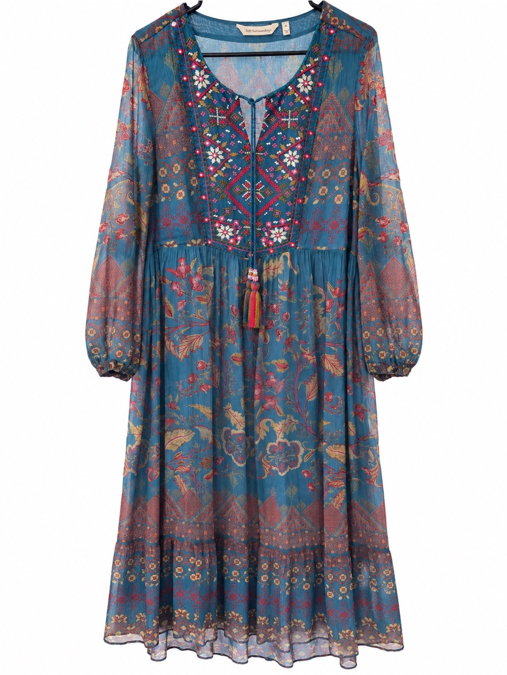 Soft Surroundings Mirapani XL Teal Embroidered Boho Maxi Dress Tassel